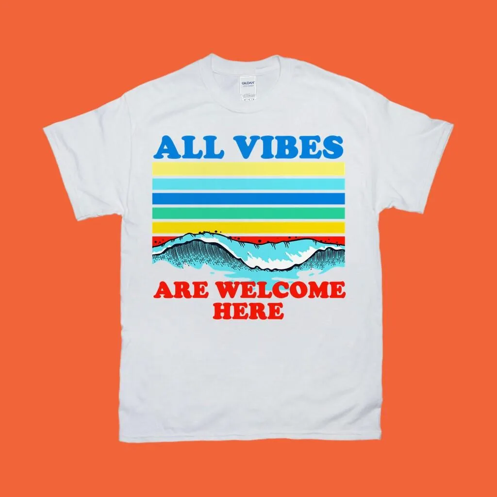 All Vibes Are Welcome Here | | Retro Sunset Waves,all vibes welcome vintage t / kindness shirt / 70s tee / mindfulness gift / hippie tops