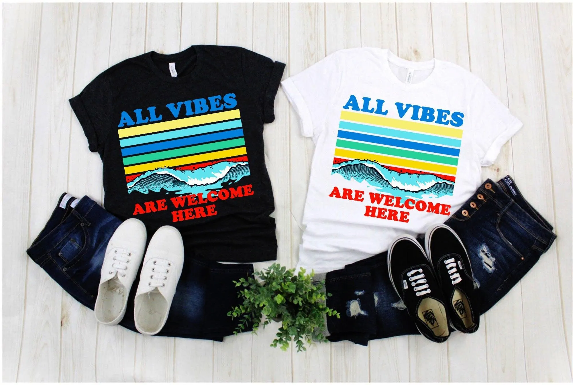 All Vibes Are Welcome Here | | Retro Sunset Waves,all vibes welcome vintage t / kindness shirt / 70s tee / mindfulness gift / hippie tops