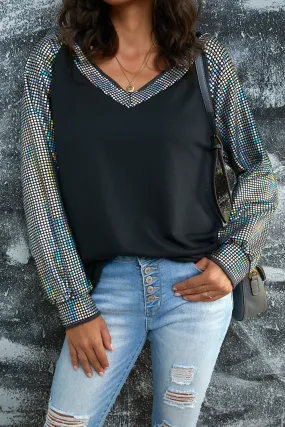 Black Color Block V Neck Puff Long Sleeve Top