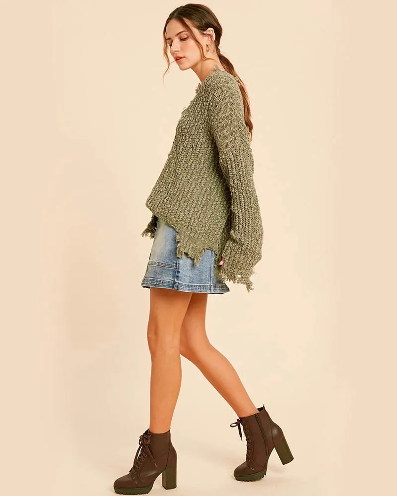 Distressed Hem Popcorn Yarn Knit V-Neck Sweater - Olive