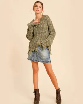 Distressed Hem Popcorn Yarn Knit V-Neck Sweater - Olive