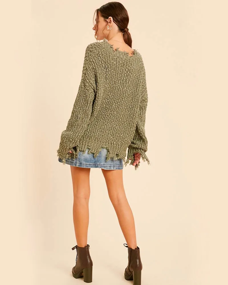 Distressed Hem Popcorn Yarn Knit V-Neck Sweater - Olive