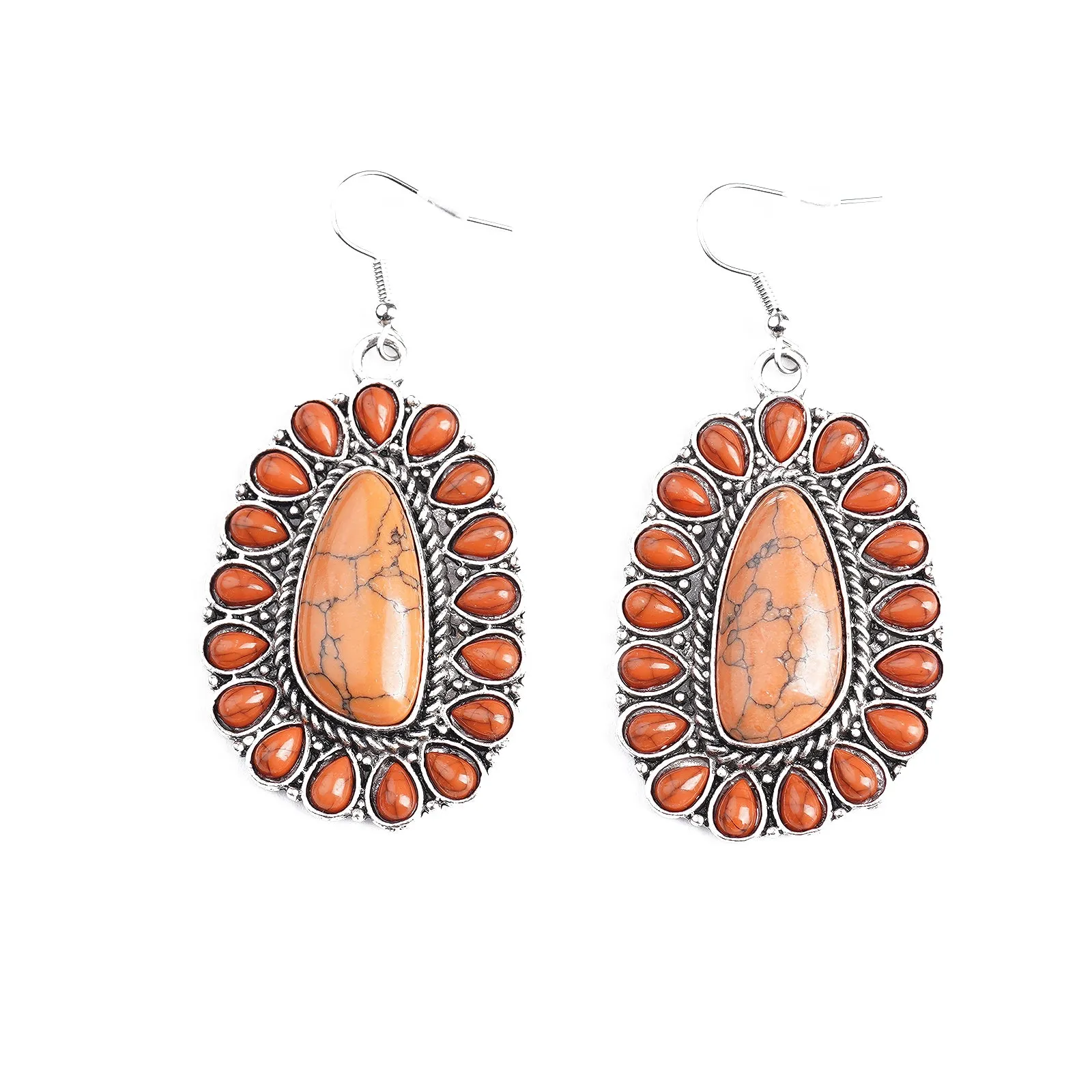 ER221015-01 Copper Base with Orange Turquoise Stone Blossom Oval Shape Dangling Earring