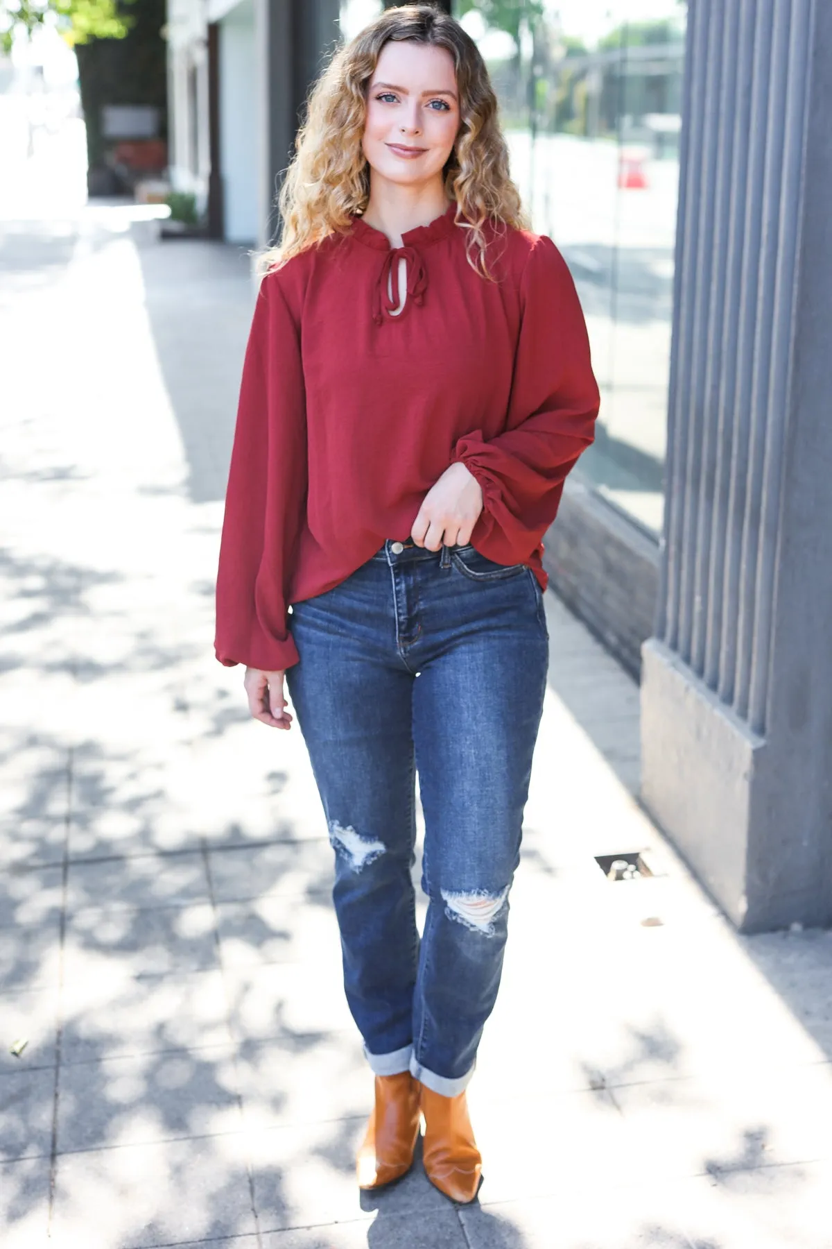 Feeling Femme Burgundy Frilled Edge V Neck Tie Top