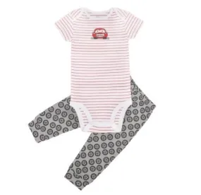 Kaarpas 100% Premium Organic Cotton 2 Piece Car & Wheels Print Bodysuit Onesie & Pant Set White With Red Lines & Grey Pant (KAON1029) (Certified ORGANIC) - 1 Pc (12 To 18 Months)