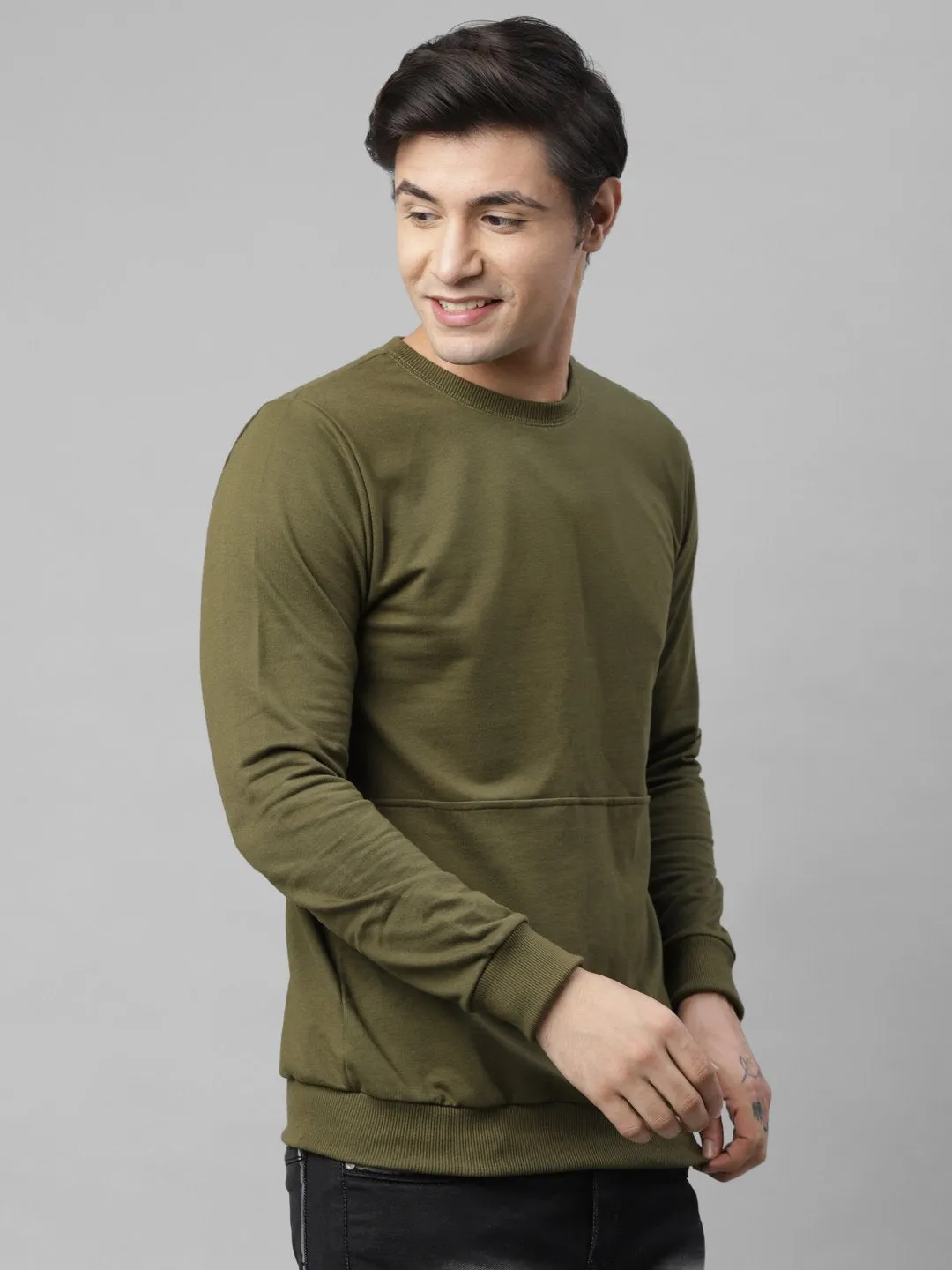 Olive Green Cut & Sew Terry Round Neck Sweatshirt