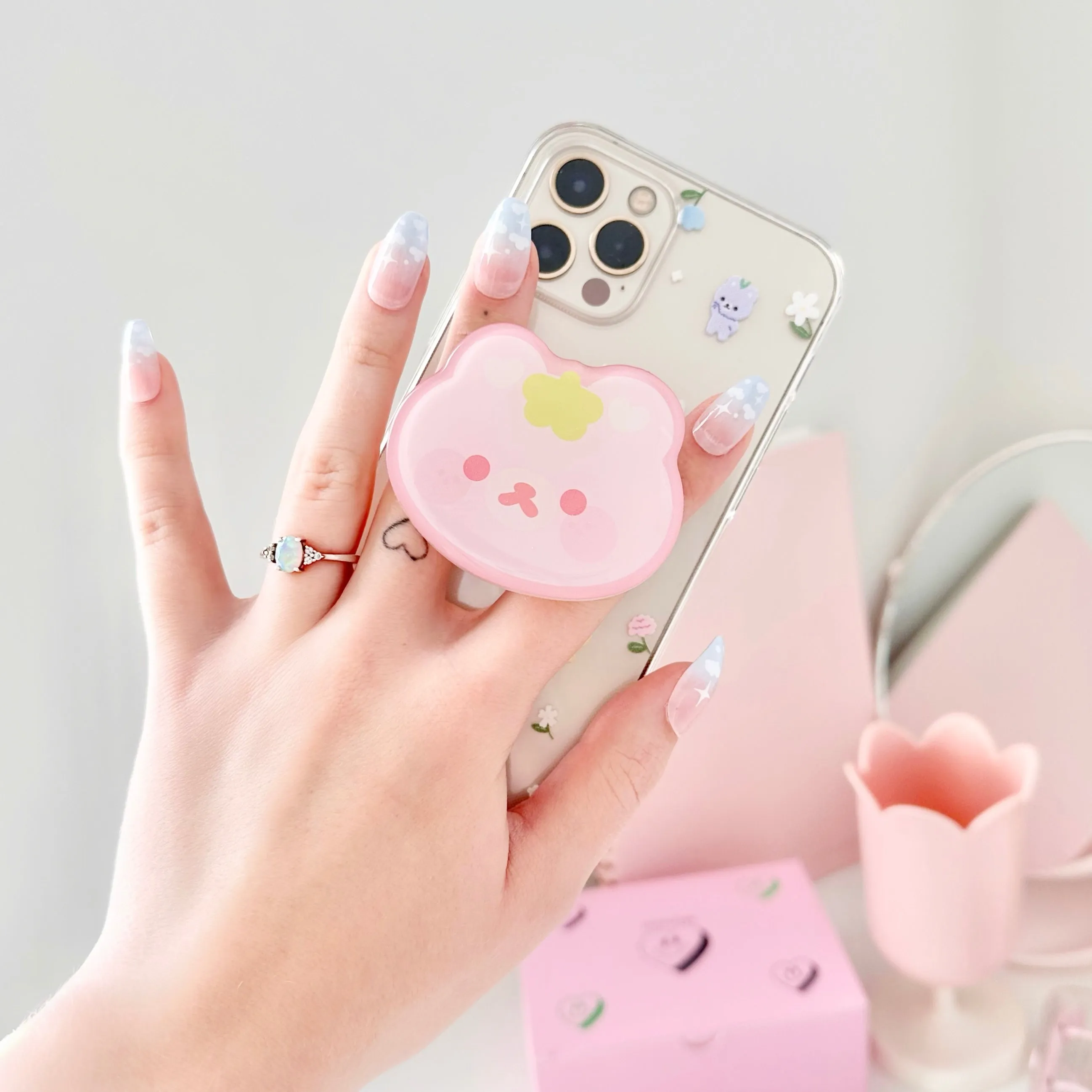 Peach Bear Glossy Glitter Phone Holder