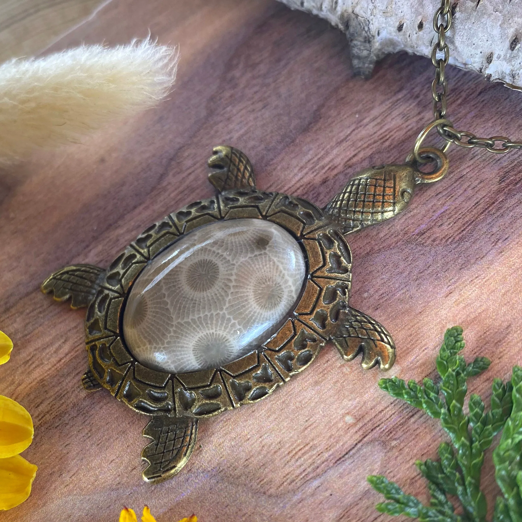 Petoskey Stone Turtle Pendant Necklace