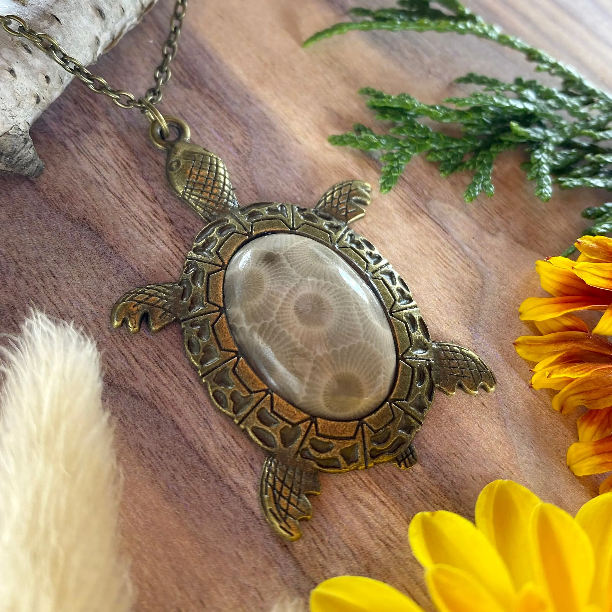 Petoskey Stone Turtle Pendant Necklace