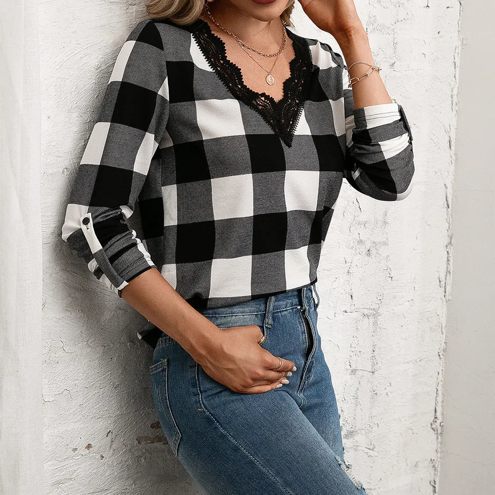 Plaid Lace Trim V-Neck Long Sleeve Tee