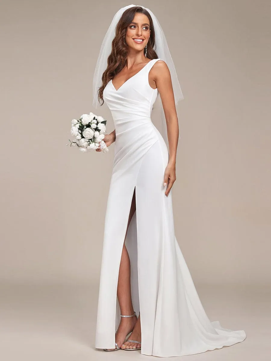 Ruched Bodycon Deep V-Neck Sleeveless Simple Wedding Dress