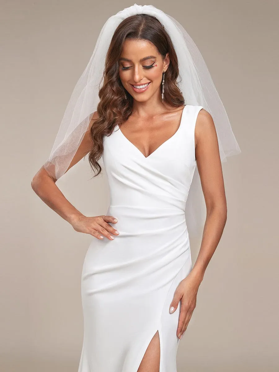 Ruched Bodycon Deep V-Neck Sleeveless Simple Wedding Dress