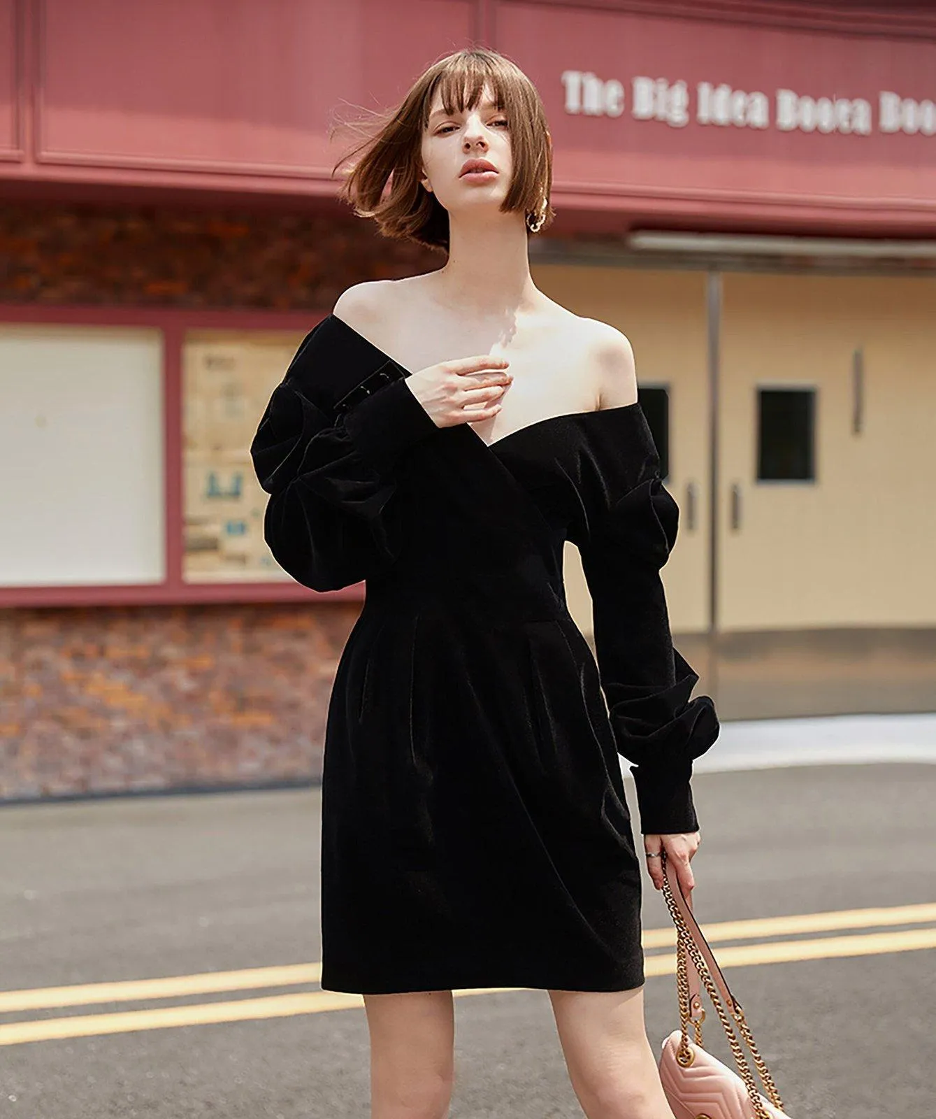 Spring Black Velvet Puff Sleeve V-Neck Dress