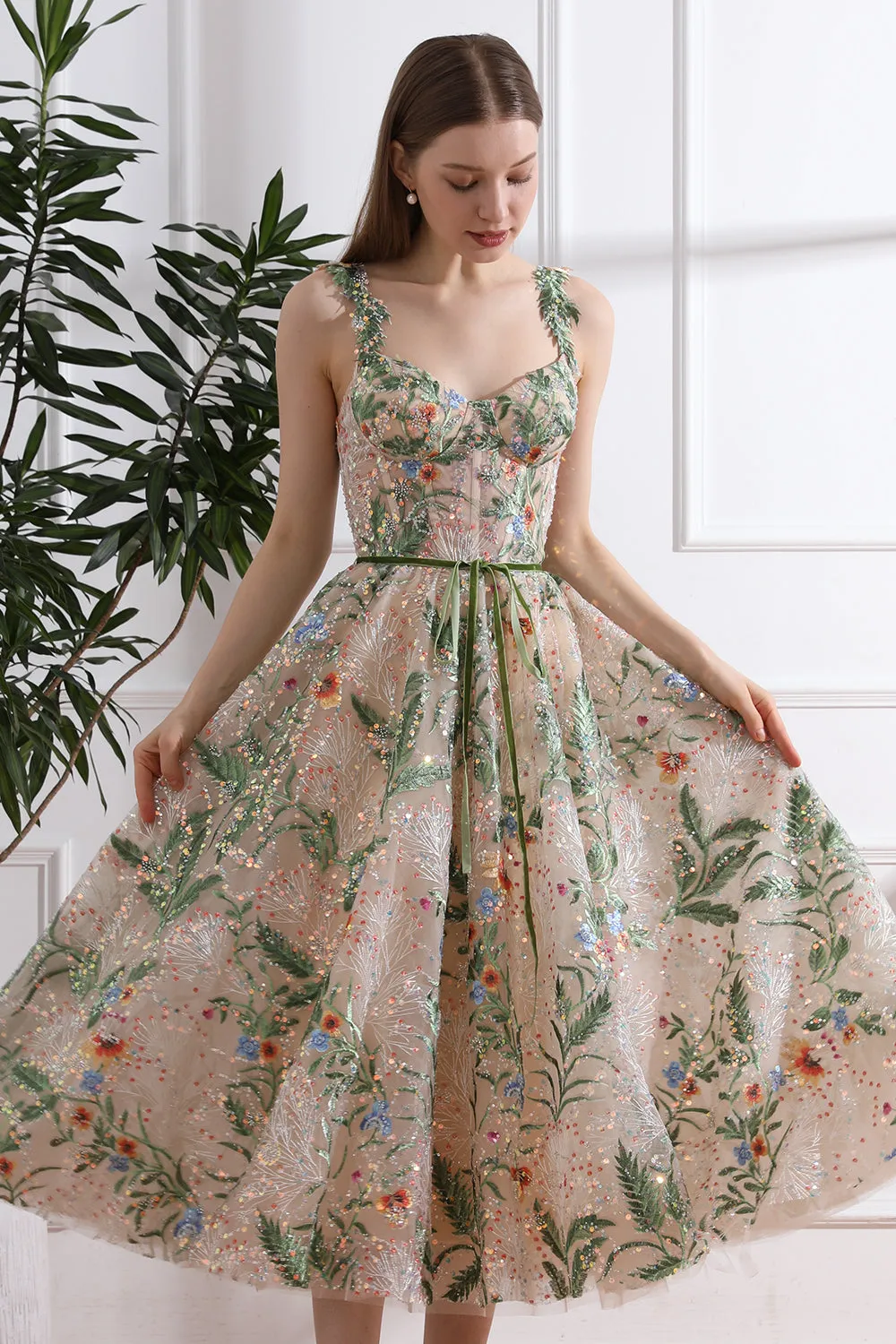 Straps V Neck Corset Floral Embroidery Beaded Midi Dress