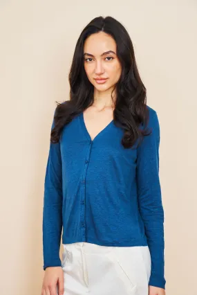 Stretch Linen V-Neck Cardigan in Bleu Taormina